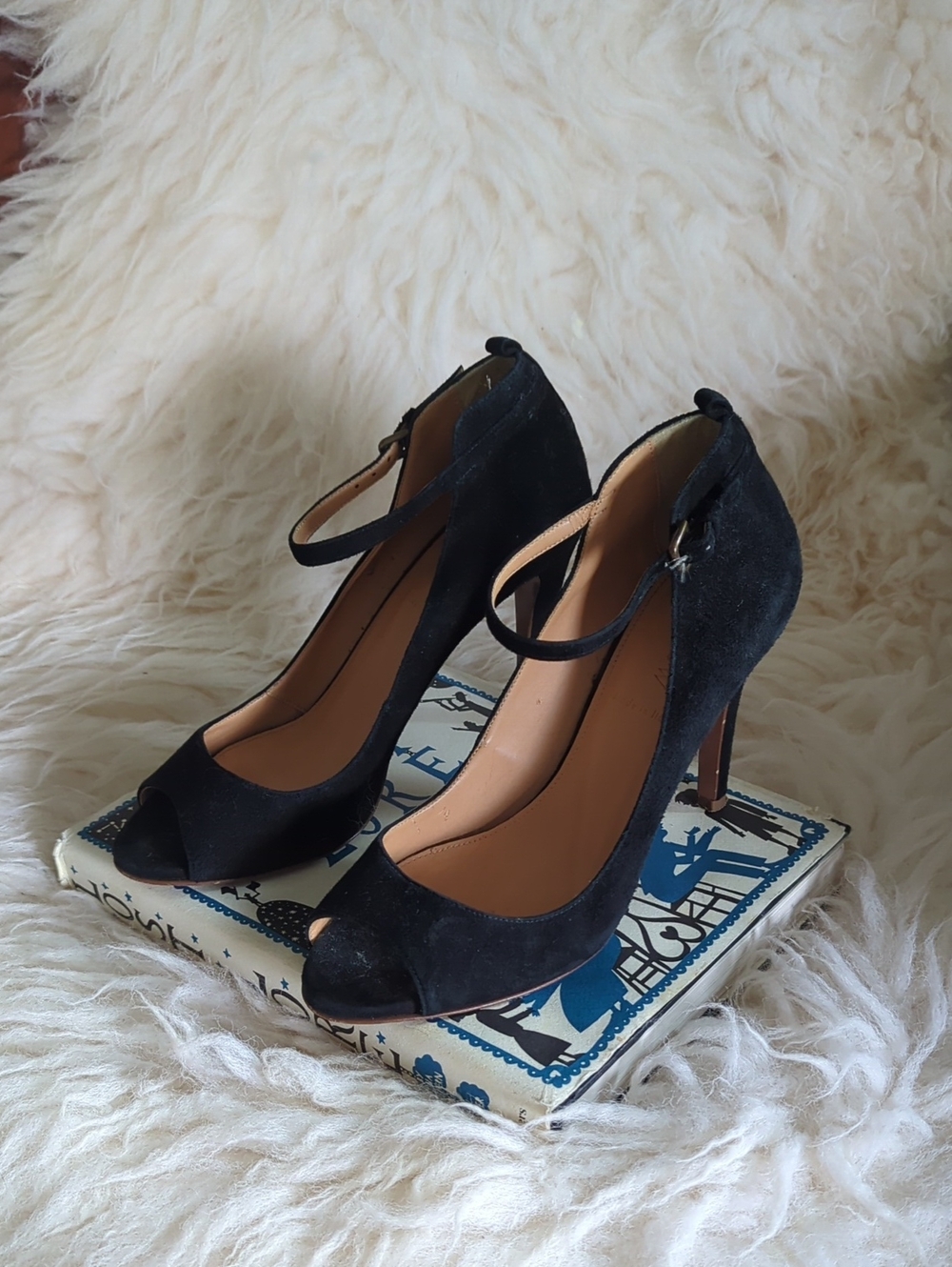 J. Crew - Black Suede Peep-Toe Ankle-Strap Heels